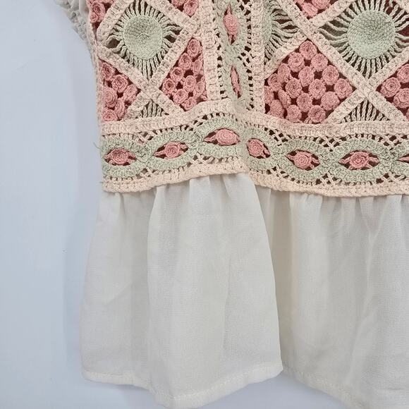 Rebellion Again Women's Boho Crochet Sheer Ruffle Chiffon Cropped Blouse Medium - Picture 5 of 9